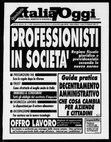 Italia oggi : quotidiano di economia finanza e politica